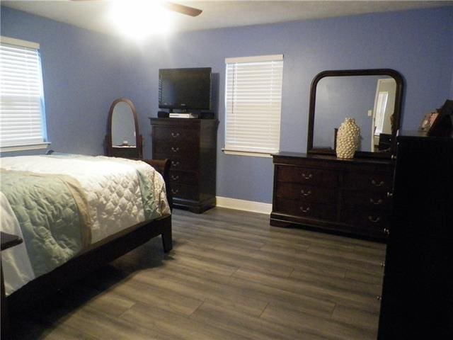 bedroom featuring ceiling fan and hardwood / wood-style flooring