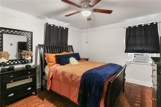 bedroom featuring ceiling fan, dark wood-style flooring, and cooling unit