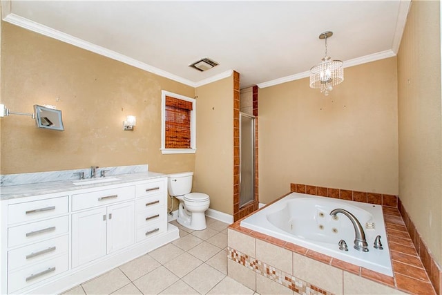 full bathroom with crown molding, toilet, separate shower and tub, tile patterned floors, and vanity