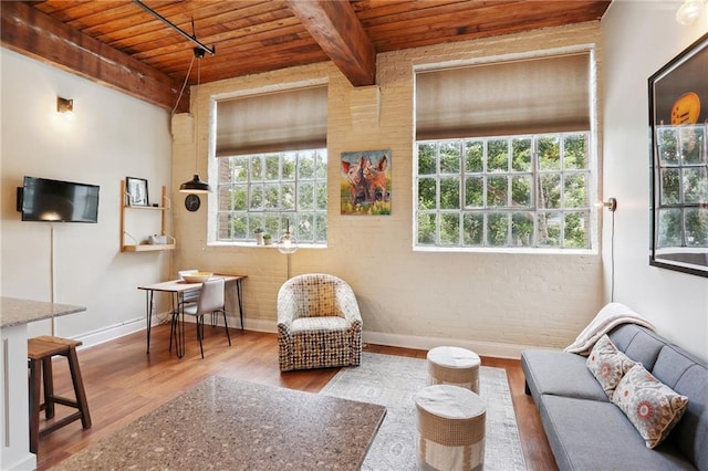 living room with beamed ceiling, wood ceiling, and hardwood / wood-style flooring