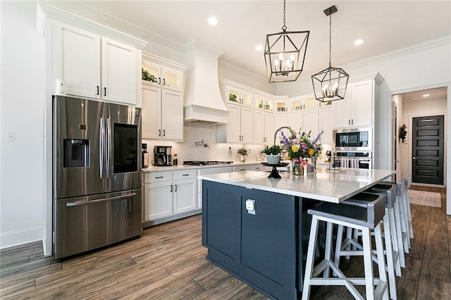 kitchen featuring tasteful backsplash, custom range hood, stainless steel appliances, and white cabinetry