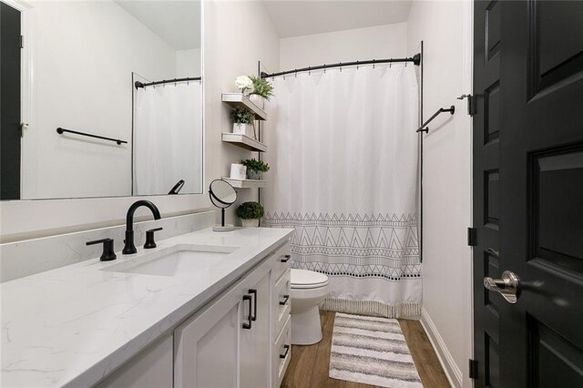 bathroom featuring vanity, toilet, and hardwood / wood-style floors