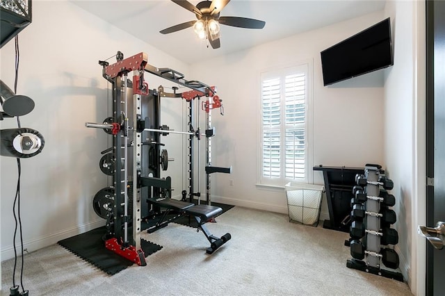 exercise area featuring ceiling fan, a wealth of natural light, and carpet flooring