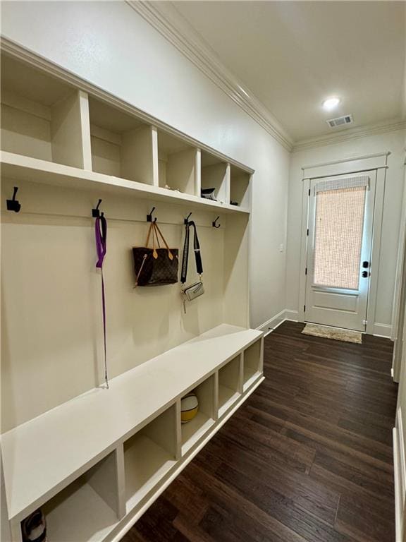 mudroom with dark wood-type flooring and ornamental molding