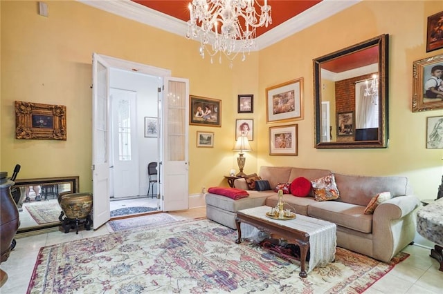 tiled living room featuring a chandelier and crown molding