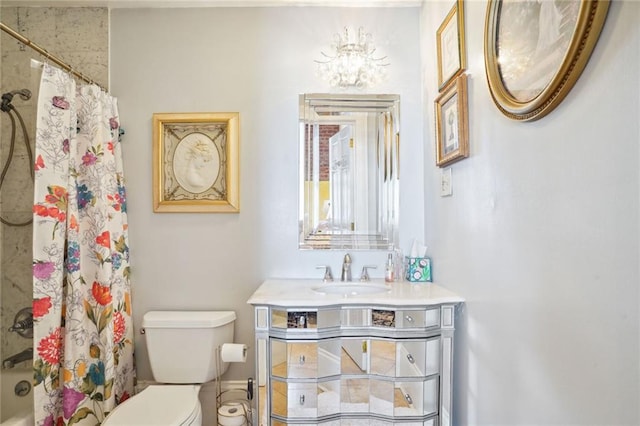 full bathroom with vanity, toilet, and shower / bath combination with curtain