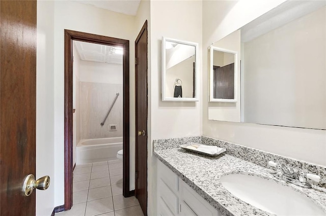 full bathroom with tile patterned floors, vanity, bathing tub / shower combination, and toilet