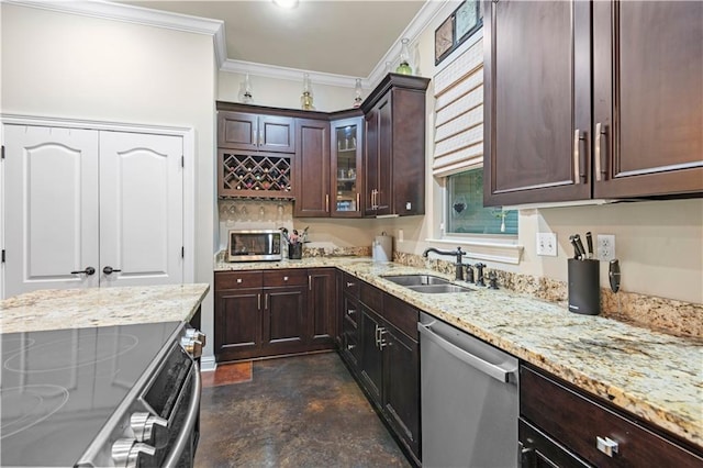 kitchen featuring sink, crown molding, appliances with stainless steel finishes, dark brown cabinetry, and light stone countertops