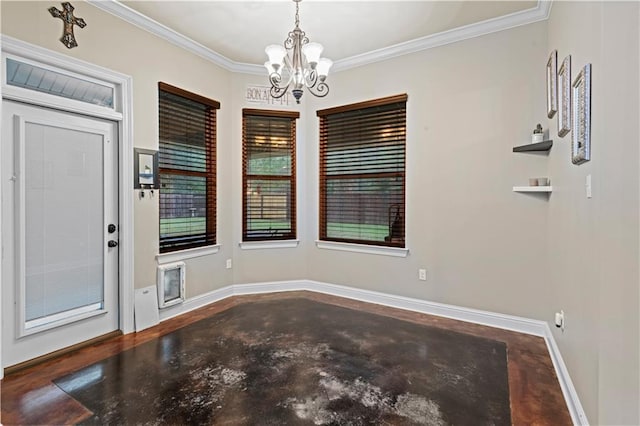 dining area featuring crown molding, concrete flooring, and a notable chandelier