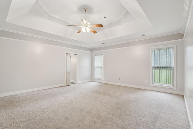 unfurnished room with a wealth of natural light, ceiling fan, a raised ceiling, and crown molding