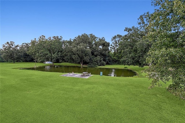 view of community featuring a water view and a yard