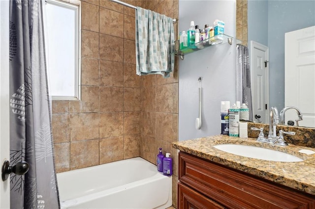 bathroom featuring shower / tub combo with curtain and vanity