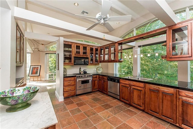 kitchen with tile patterned flooring, stainless steel appliances, ceiling fan, and sink