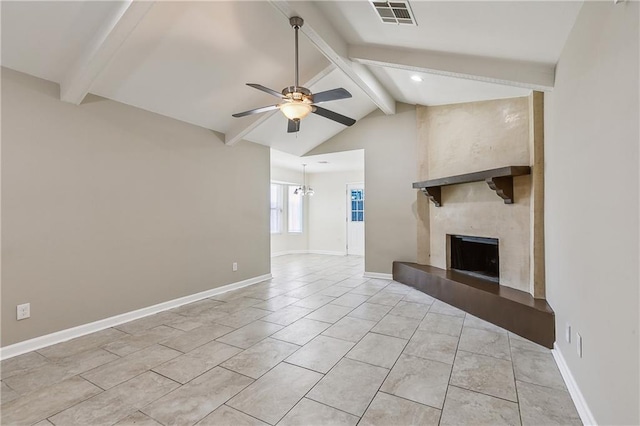 unfurnished living room featuring light tile patterned flooring, ceiling fan, a high end fireplace, and lofted ceiling with beams