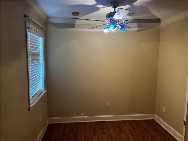 spare room with ceiling fan, hardwood / wood-style flooring, and ornamental molding