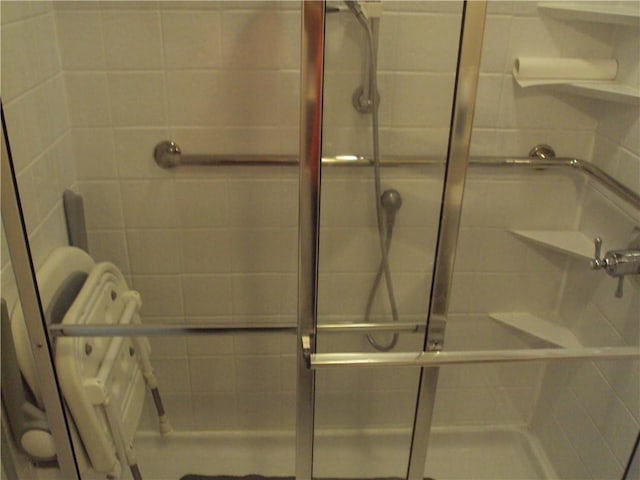 bathroom with a shower with shower door