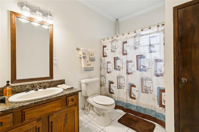 full bathroom featuring tile patterned flooring, toilet, a shower with shower curtain, vanity, and ornamental molding