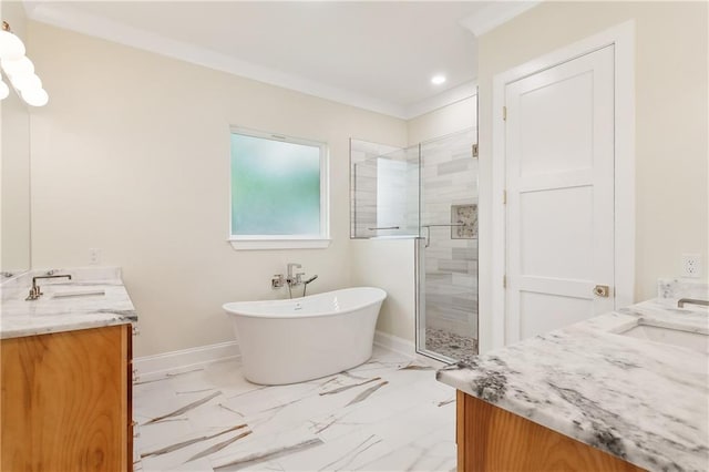 bathroom featuring vanity, separate shower and tub, and ornamental molding