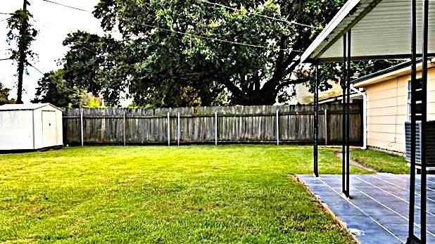 view of yard with a shed and a patio area