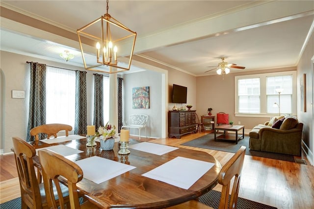 dining space featuring ceiling fan with notable chandelier, ornamental molding, and light wood-type flooring