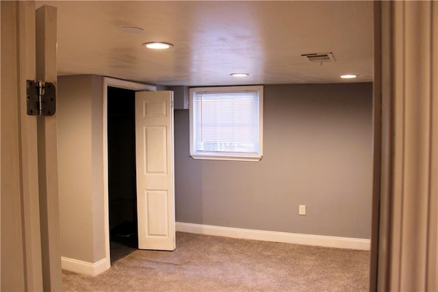 1831 S Dupre St, New Orleans, LA 70125 - basement with recessed lighting, visible vents, light colored carpet, and baseboards