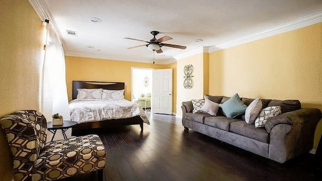 1831 N Miro St, New Orleans, LA 70119 - bedroom with ornamental molding, ceiling fan, wood-type flooring, and visible vents
