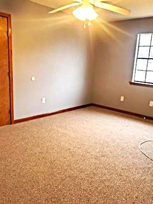 carpeted spare room with ceiling fan