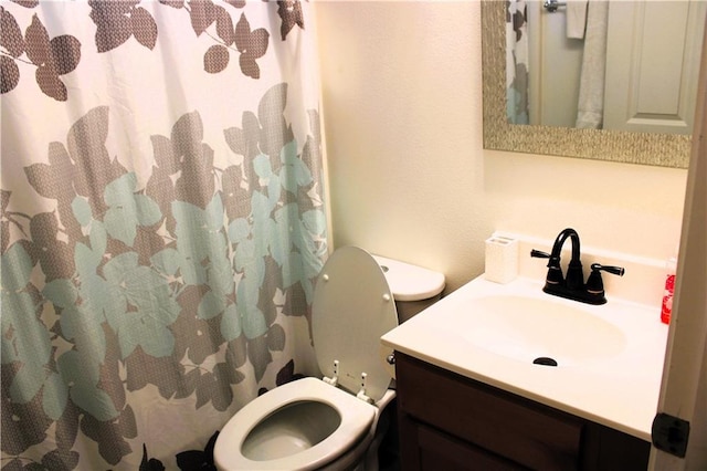 bathroom featuring vanity, toilet, and a shower with curtain