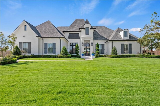 french country inspired facade with a front yard