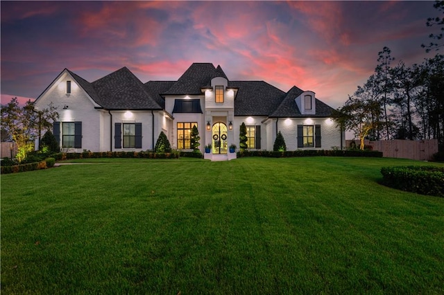 french country home with a lawn