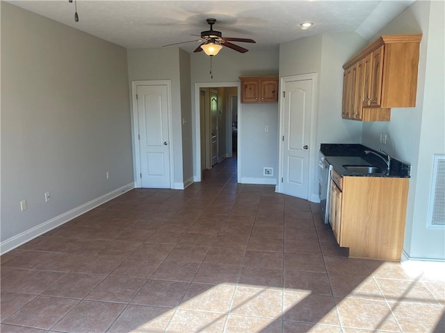 kitchen featuring ceiling fan, sink, dark tile patterned flooring, and white dishwasher