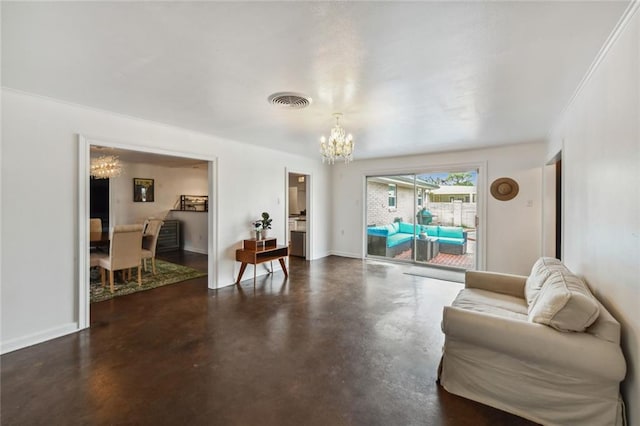 living room featuring concrete floors and an inviting chandelier