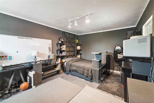 bedroom featuring carpet floors and track lighting