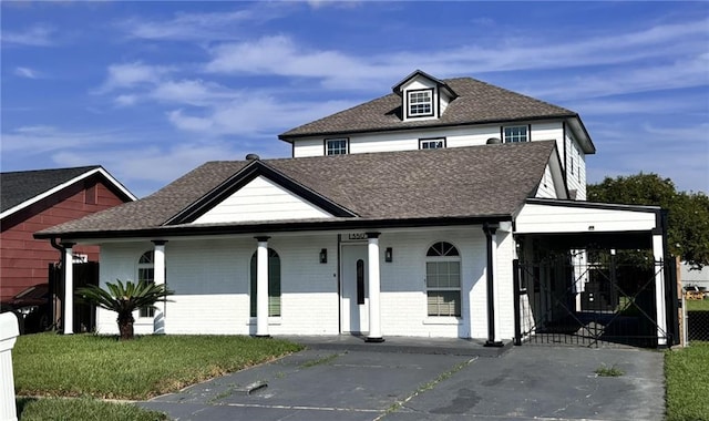 view of front of home featuring a front lawn, roof with shingles, driveway, and brick siding