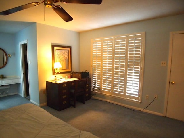 bedroom with ceiling fan and light colored carpet