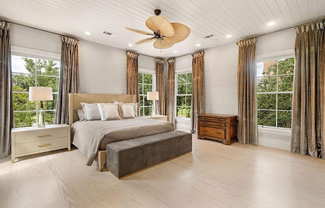 bedroom with ceiling fan, light wood-type flooring, wooden ceiling, and multiple windows