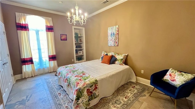 bedroom with a notable chandelier, baseboards, visible vents, and ornamental molding