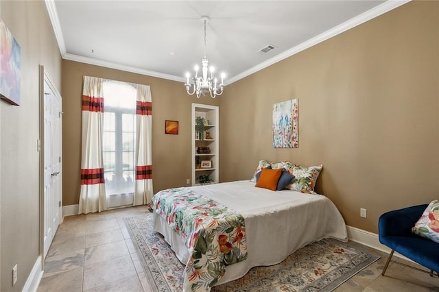 bedroom featuring crown molding, a notable chandelier, baseboards, and visible vents