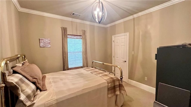 bedroom featuring baseboards, visible vents, ornamental molding, light colored carpet, and a chandelier