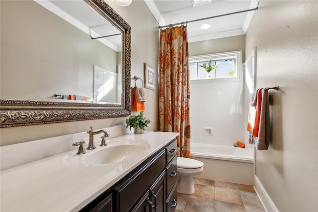 full bathroom featuring toilet, ornamental molding, shower / tub combo, baseboards, and vanity