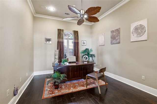 office space featuring ceiling fan, baseboards, wood-type flooring, and ornamental molding