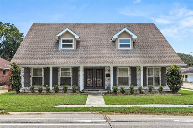 cape cod home featuring covered porch, roof with shingles, and a front yard