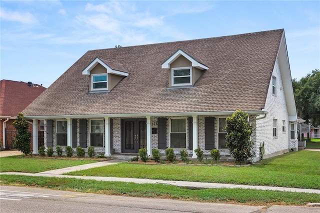 new england style home featuring covered porch and a front lawn