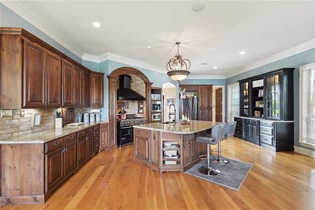 kitchen featuring appliances with stainless steel finishes, premium range hood, sink, light hardwood / wood-style floors, and an island with sink