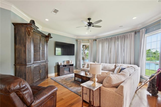 living room with light hardwood / wood-style flooring, ceiling fan, and ornamental molding