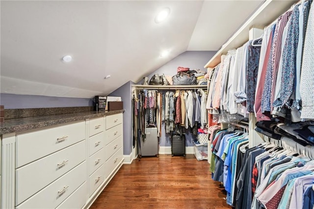 spacious closet with dark hardwood / wood-style floors and vaulted ceiling