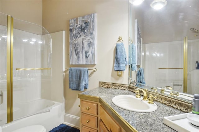 full bathroom with washtub / shower combination, vanity, and toilet