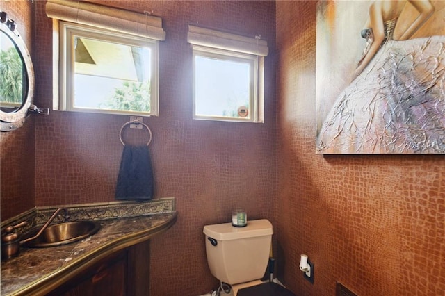 bathroom featuring vanity, a healthy amount of sunlight, and toilet