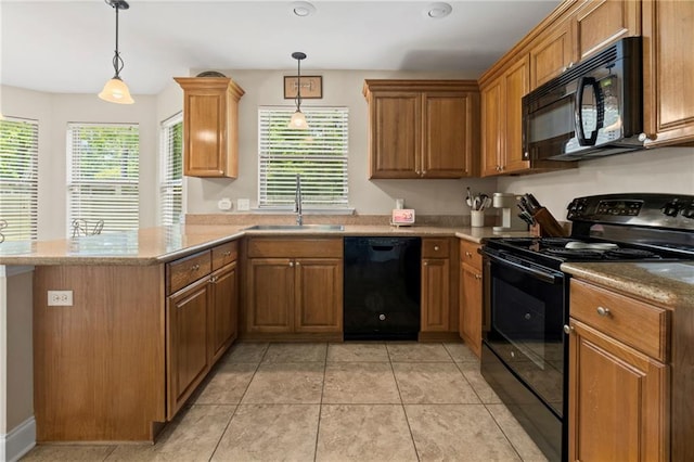 kitchen featuring pendant lighting, sink, kitchen peninsula, black appliances, and light tile patterned flooring