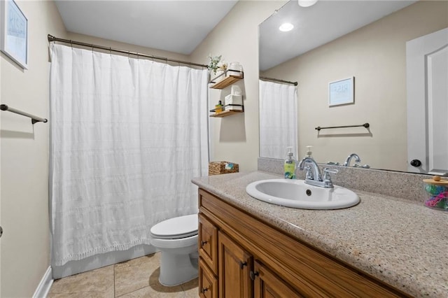 bathroom with tile patterned floors, curtained shower, toilet, and vanity